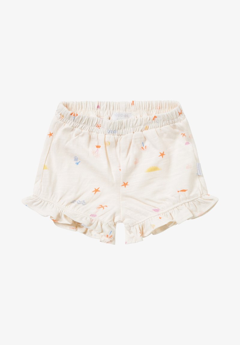 Shorts doux couleur crème pour tout-petits avec taille élastique et ourlet à volants, décorés de petites étoiles de mer orange et d'imprimés pastel sur le thème de la plage.