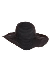Cappello da sole nero a falda larga realizzato in tessuto testurizzato, con corona rotonda e un design morbido e flessibile.