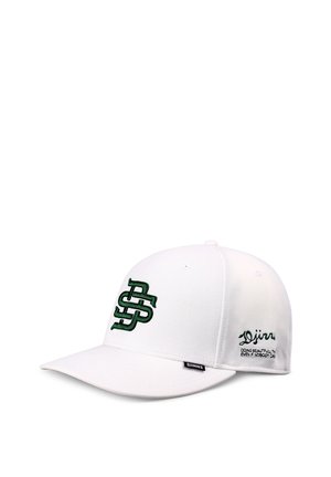 White baseball cap with green embroidered logo on front and small black label reading "DJINNS" on the brim.