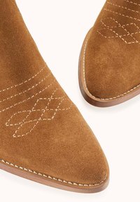 Bottines en suède marron avec des bouts pointus, des coutures décoratives et un talon en bois lisse. Agrémentées de motifs croisés sur le dessus.