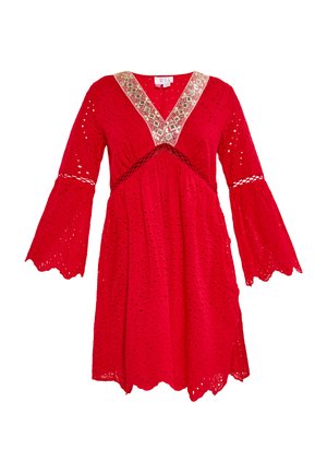 Red dress made of eyelet fabric, featuring a V-neckline, flared sleeves, and gold accent on the neckline. Scalloped hem detail included.