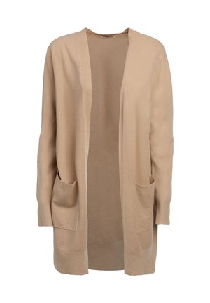 Cardigans largo beige hecho de un suave tejido de punto, con abertura frontal, dos bolsillos delanteros y ribetes en el dobladillo y los puños.