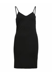 Svart ärmlös klänning med V-ringning, tillverkad av mjukt material. Slim fit, knä-lång design. Justerbara spaghettiband, enkel och minimalistisk.