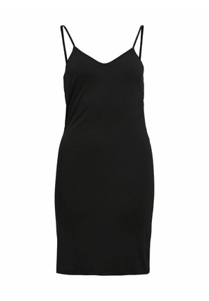 Svart, ermeløs kjole med V-hals, laget av mykt stoff. Slim fit, knelengde design. Justerbare spaghettistropper, enkel og minimalistisch.