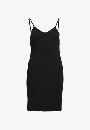 Svart, ermeløs kjole med V-hals, laget av mykt stoff. Slim fit, knelengde design. Justerbare spaghettistropper, enkel og minimalistisch.