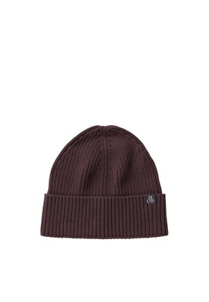 Cappellino a coste marrone scuro con risvolto e piccola etichetta quadrata nera con lettere bianche M O P.