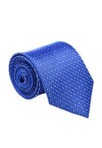Cravatta in seta blu arrotolata con una superficie strutturata decorata da piccoli motivi a diamante bianchi e una punta appuntita. Finitura liscia e lucida.