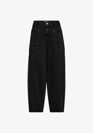 Črne jeans hlače ohlapnega kroja, z dvema stranskima žepoma, sprednjim gumbom za zapiranje in vidno šivanim robom.