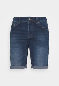 Shorts de mezclilla en azul oscuro con dobladillo enrollado. Presentan bolsillos frontales, cremallera y un botón de latón. Textura suave con un ligero desgaste.