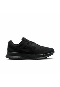 Chaussure de course athlétique noire avec dessus en mesh, fermeture à lacets et semelle amortie, vue de profil latéral.