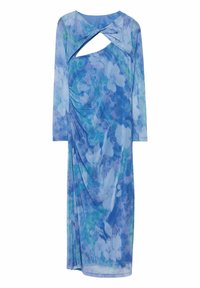 Blaues Kleid mit Blumenmuster und langen Ärmeln, das ein Ausschnitt-Detail am Halsausschnitt und einen gerafften Stoff an der Seite aufweist. Glattes Material.
