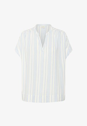 Krótki rękaw bluzki z białej bawełny z jasnoniebieskimi pionowymi paskami. Posiada dekolt w kształcie litery V oraz subtelne zakładki na ramionach.
