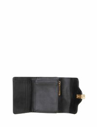 Black leather wallet with gold hardware, featuring multiple card slots, a zippered compartment, and a clasp closure. Smooth texture, simple design.