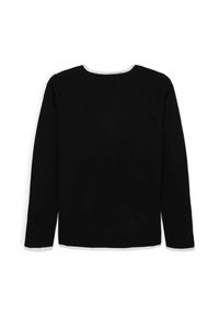 Maglietta nera a maniche lunghe con scollatura rotonda, caratterizzata da un bordo bianco a contrasto lungo il collo e i polsini. Design semplice, senza fantasie.