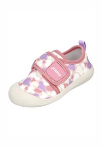 Zapato infantil ligero con un patrón abstracto suave en rosa, blanco y morado, cinta de Velcro y suela de goma flexible.