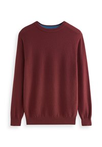 Pull bordeaux avec un motif texturé en forme de losanges. Encolure ronde et manches longues avec poignets et ourlet côtelés. Matière tricotée douce.