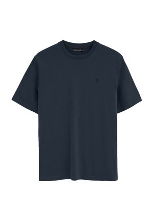 T-shirt a maniche corte con scollo rotondo di colore blu navy scuro con piccolo logo ricamato nero del giocatore di polo sul lato sinistro del petto.