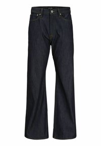 Mørkeblå jeans med lige ben, fem lommer, knaplukning og synlige orange syninger på linningen og sømmene.