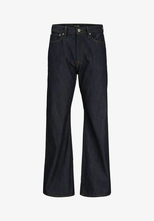 Mørkeblå jeans med lige ben, fem lommer, knaplukning og synlige orange syninger på linningen og sømmene.