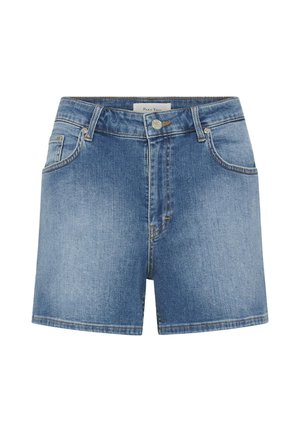 Shorts en denim bleu avec poches avant, passants pour ceinture, fermeture à bouton et détails délavés subtils.