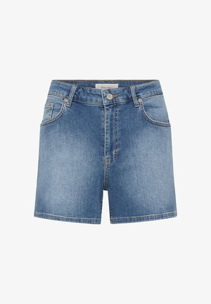 Modré rifľové krátke nohavice s prednými vreckami, pútkami na opasok, gombíkovým zapínaním a jemným vyblednutým detailom.