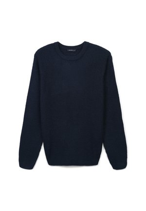 Dunkelblauer Strickpullover mit Rundhalsausschnitt und langen Ärmeln, der ein strukturiertes Muster sowie gerippte Ärmelbündchen und Saum aufweist.