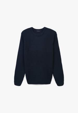 Pull en tricot bleu marine à col rond et à manches longues, présentant un motif texturé et des poignets et un ourlet côtelés.