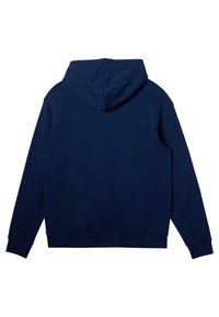Sudadera azul marino con una gran capucha, mangas largas y puños acanalados. Textura suave y sin logotipos ni patrones visibles en la parte posterior.