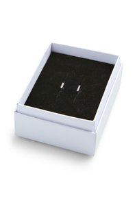 Boîte blanche avec un intérieur en velours noir contenant de petites boucles d'oreilles argentées au design géométrique et à la texture subtile.