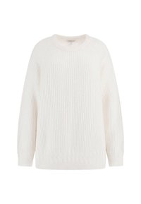 Pull en tricot blanc avec une texture en côtes, col rond et manches longues. Présente un motif en torsades à l'ourlet.
