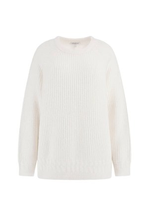 Witte gebreide trui met een ribbeltextuur, ronde hals en lange mouwen. Kenmerkt zich door een kabelbreipatroon aan de onderkant.