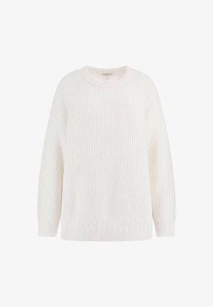 Witte gebreide trui met een ribbeltextuur, ronde hals en lange mouwen. Kenmerkt zich door een kabelbreipatroon aan de onderkant.