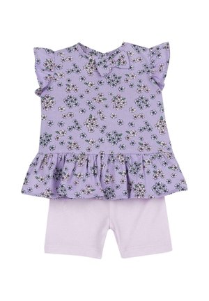Top peplum à manches courtes floral violet pour tout-petit, avec des shorts assortis violet clair, conçu pour le confort par temps chaud.