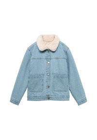 Svetlomodrá džínsová bunda s krémovým umelým kožušinovým golierom, s predným zapínaním na gombíky a dvoma veľkými prednými vreckami.