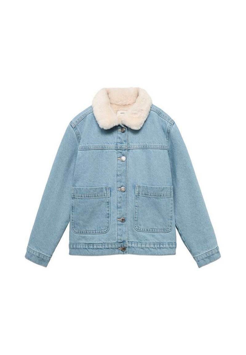 Svetlomodrá džínsová bunda s krémovým umelým kožušinovým golierom, s predným zapínaním na gombíky a dvoma veľkými prednými vreckami.