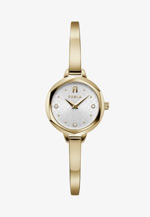 Kuldvettnud kell ümmarguse hõbedaste näidikuga, millel on tekstuurne muster, neli sädelustähist ja nõtke kuldne käevõruke.