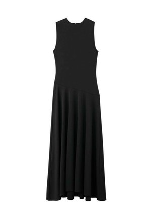 Sleeveless black dress with fitted bodice and flowing skirt, worn with a long necklace featuring a silver pendant, against a plain light background.