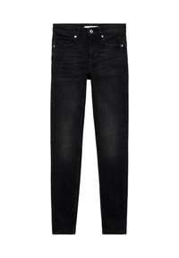 Vaqueros pitillo negros de denim con un diseño clásico de cinco bolsillos, textura ligeramente desgastada y herrajes en tono plateado en la cintura y los bolsillos.