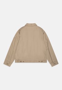 Beige, lightweight jacket with a classic collar, long sleeves, and buttoned cuffs; features a smooth texture and three-button adjuster at the hem.