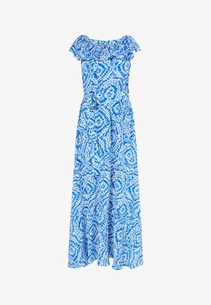 Modrá kvetinová maxi šaty s volánovým dekoltom bez ramienok, zúženým pásom a splývavou sukňou s viazacími páskami a zložitými vzormi.