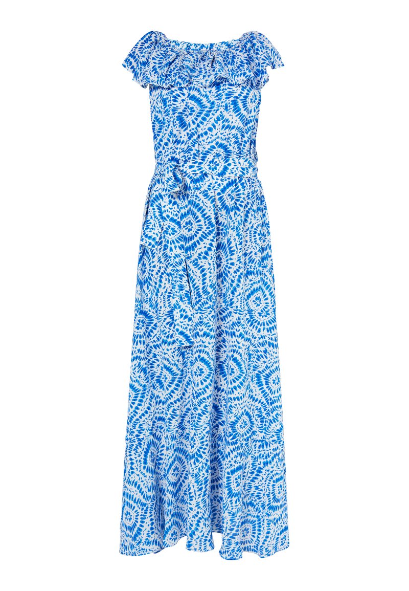 Rochie maxi bleu cu flori, cu decolteu asimetric învolăcit, talie strânsă și fustă fluida, având un cordon de legat și modele complicate.