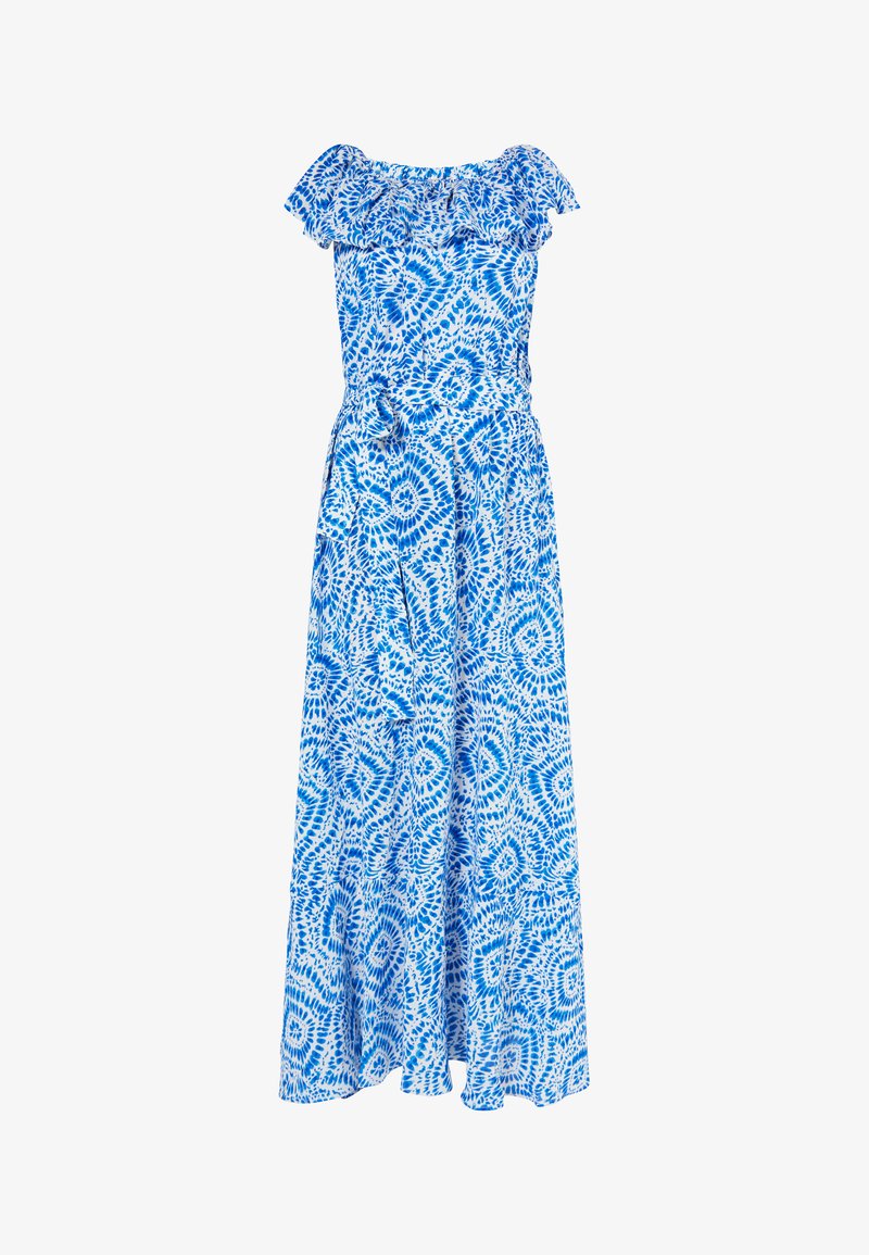 Abito maxi floreale blu con scollatura a spalle scoperte e volant, vita cintrata e gonna fluida con cintura a fiocco e motivi intricati.