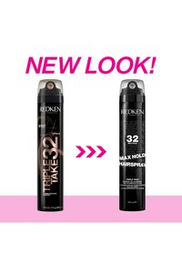 Twee zwarte haarsprayflessen met doorzichtige doppen. Links staat "TRIPLE TAKE 32" in het roze, terwijl rechts "MAX HOLD" in het wit staat. Dikke letters geven "NIEUWE UITSTRALING!" aan.
