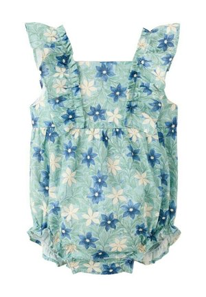 Barboteuse pour bébé à fleurs bleues et blanches avec bretelles à volants et ouvertures élastiques aux jambes.