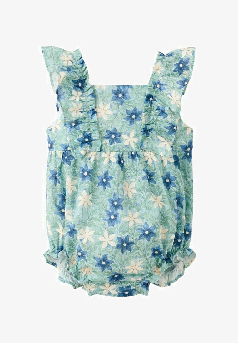 Niebiesko-biały kwiatowy kombinezon dla niemowląt z falbankami na ramiączkach i elastycznymi otworami na nogi.