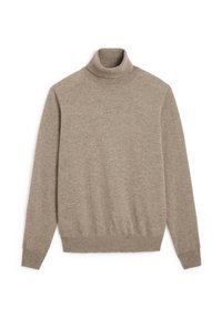 Beige coltrui van zacht, gestructureerd stof. Heeft lange mouwen en een aansluitende zoom voor een snug fit rond de nek en polsen.