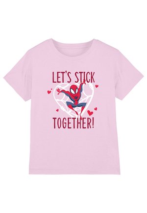 Light pink cotton t-shirt featuring a Spider-Man graphic in red and blue, with the text "LET'S STICK TOGETHER!" and heart designs.
