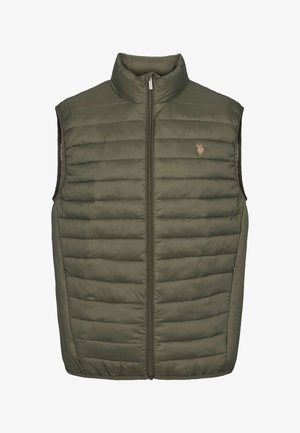 Polsterdatud oliiviroheline vest kõrge krae, esikinnitus tõmblukuga ja tikandiga disainiga. Vasakul rinnal on väike logo.