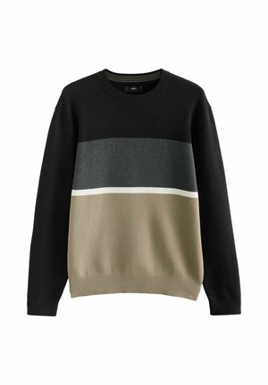 Mustritud kudumiskampsun mustas, tumehallis ja beežis, horisontaalsete triipudega. Omab ümarat kaelaauku ja soonikuid mansette.