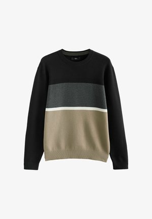 Gekruiste gebreide trui in zwart, antracietgrijs en beige met horizontale strepen. Heeft een ronde hals en geribbelde manchetten.